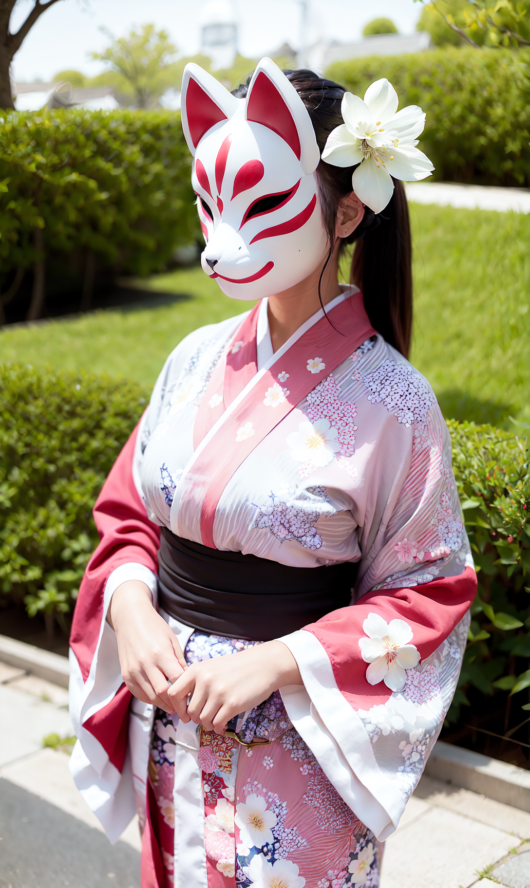 19833-2955372886-kitsunemask  a person wearing a kitsunemask on face,  in a kimono decorated with cherry blossoms, in a garden with beautiful flo.png